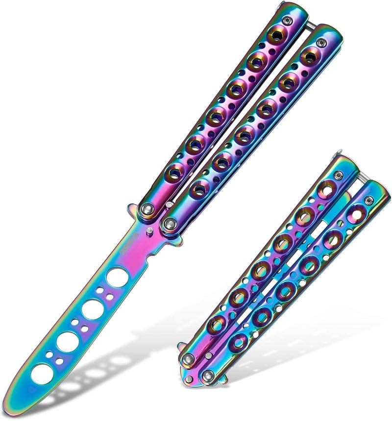Dispatch Color Titanium-Coated 3Cr13 Stainless Steel Butterfly Knife Trainer with Circular Cutouts | Unsharpened Balisong for Tactical Training, EDC Flipping, Anime Cosplay - Image 1